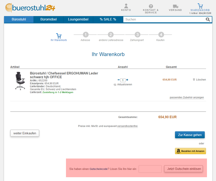 Wo muss ein bürostuhl24 Gutscheincode eingelöst werden