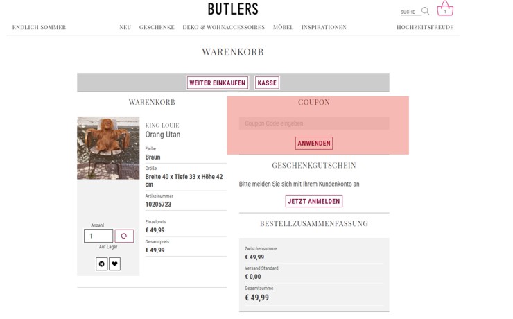 wo muss ein butlers.at Gutscheincode eingeloest werden