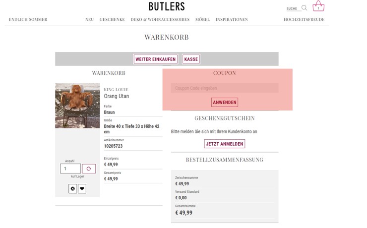 Wo muss ein butlers.at Gutscheincode eingelöst werden