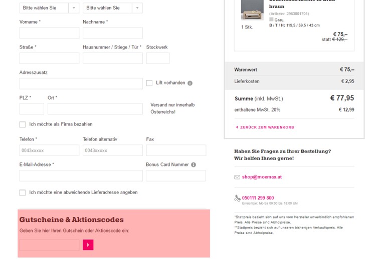 wo muss ein moemax.at Gutscheincode eingeloest werden