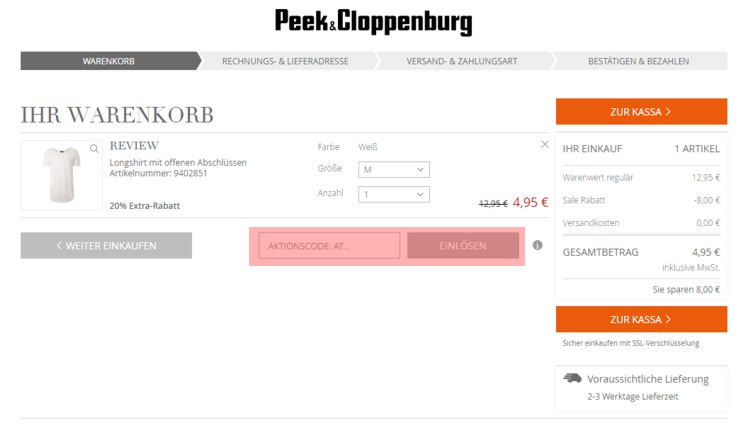 wo muss ein peek-cloppenburg.at Gutscheincode eingeloest werden