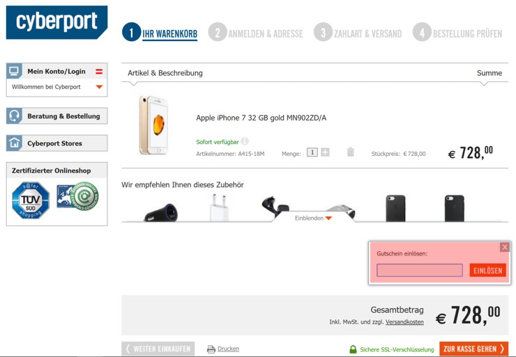 wie ist ein cyberport.at Gutscheincode eingeloest werden