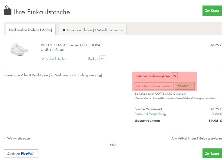 Wo muss ein görtz Gutscheincode eingelöst werden