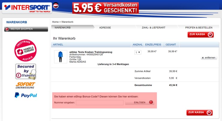 Wie ist ein intersport bei Gutscheincode eingelöst werden