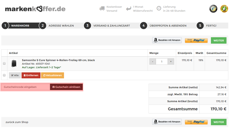 wo muss ein markenkoffer.de Gutscheincode eingeloest werden