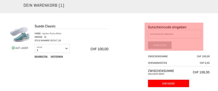 Wie wird ein Puma bei Gutscheincode eingelöst