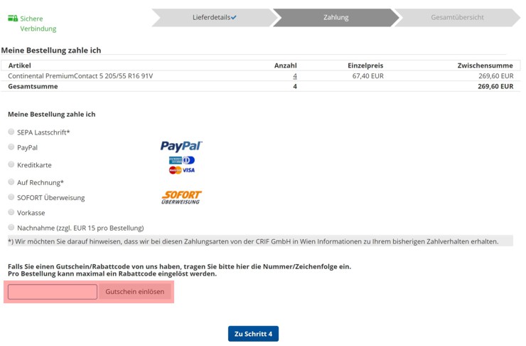 Wie ist ein reifendirekt bei Gutscheincode einzulösen