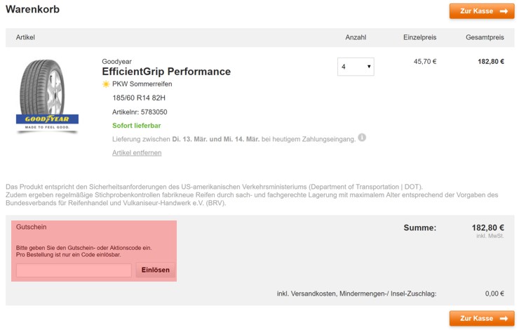 Wie ist ein Reifendiscount beim Gutscheincode einzulösen?