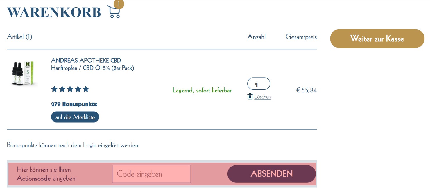 wie ist ein andreas apotheke Gutscheincode einzulösen