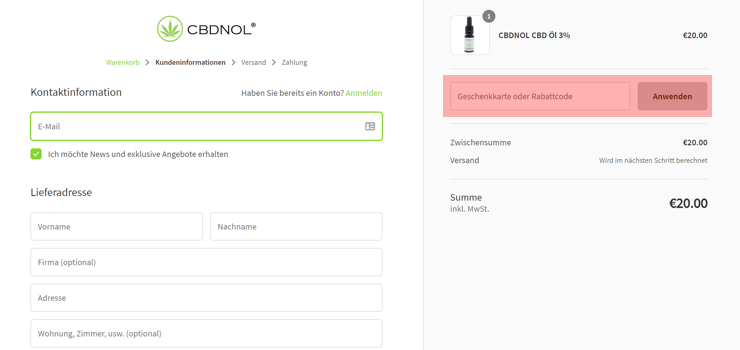 wo ist ein cbdnol Gutscheincode einzulösen