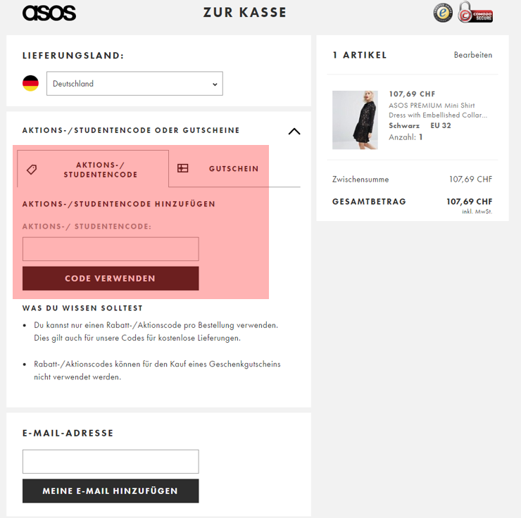 Wo muss ein asos.com Gutscheincode eingelöst werden